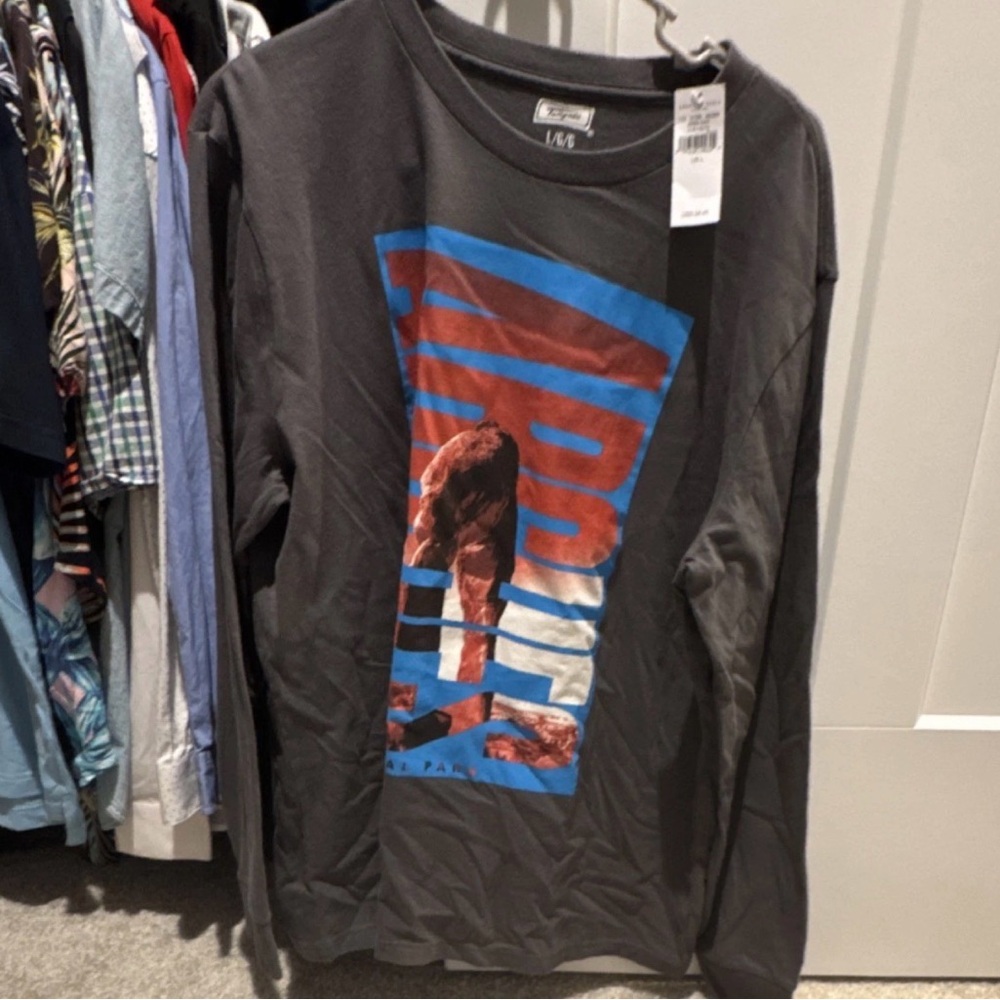 American Eagle Outfitters Charcoal and Blue Graphic Long Sleeve Tee Sz L